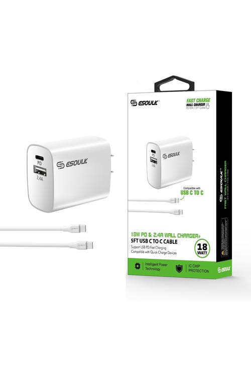 Esoulk Combo 18W Wall Charger PD & USB with 5FT C to C Cable-EC10P-CC